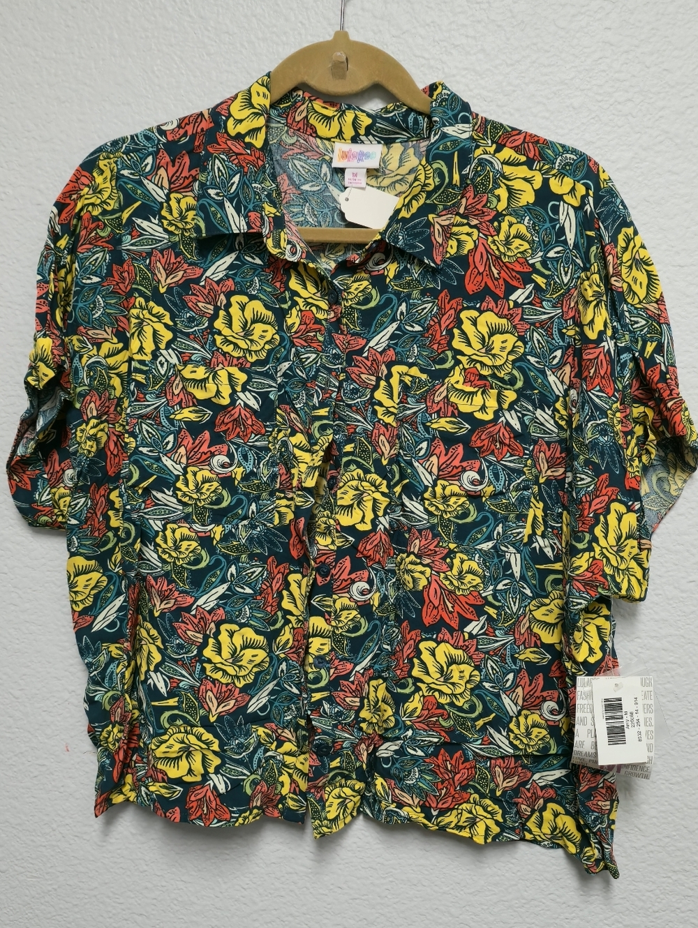 LuLaRoe Teal Button-Down Shirt with Yellow & Red Floral Print